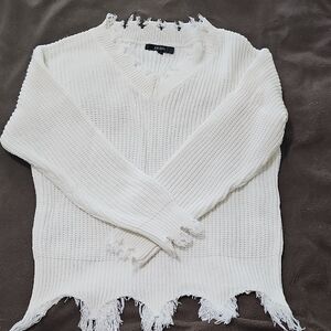 Women's White Frayed Sweater